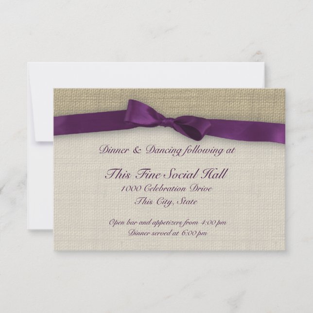 Lila Empfang Ribbon und Burlap Einladung (Vorderseite)