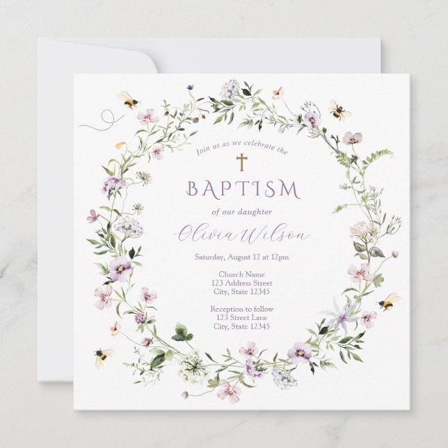 Lila empfindliche Wildblume Taufe Einladung (Vorderseite)