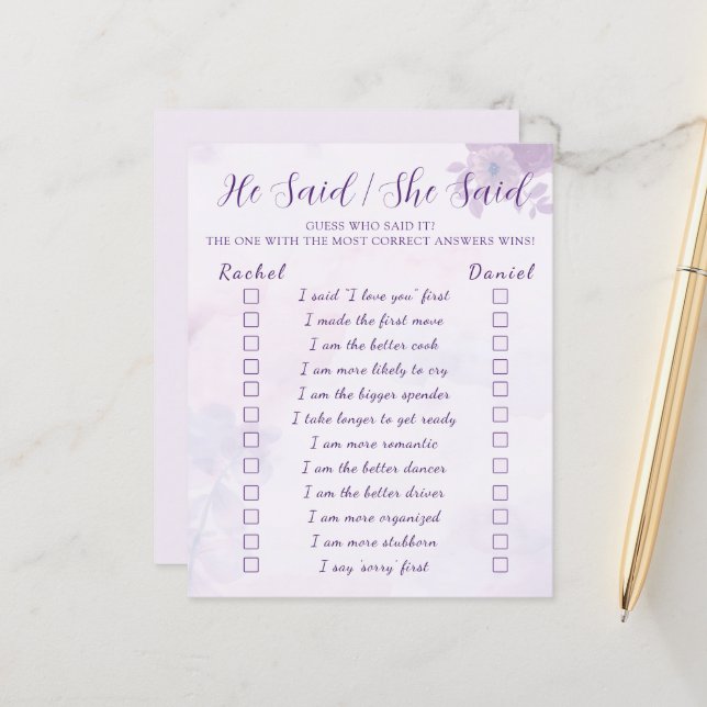 Lila Er sagte Sie sagte Hochzeitsshower-Spiel (Vorderseite/Rückseite Beispiel)