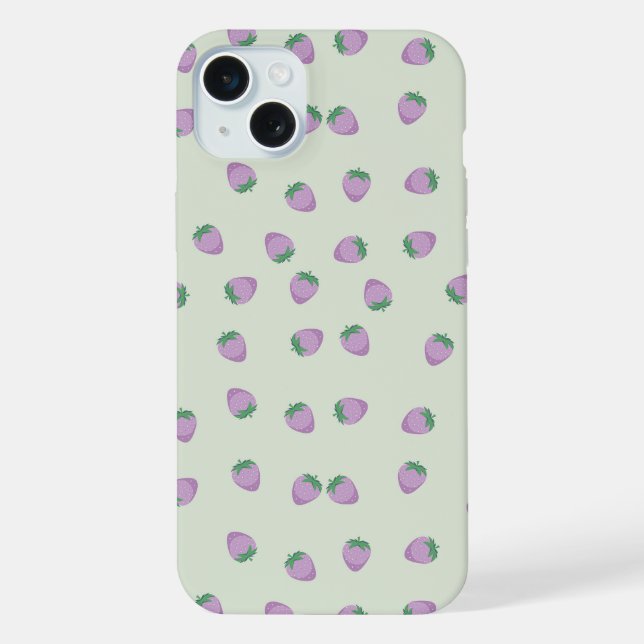 Lila Erdbeermuster iPhone 15 Plus Hülle (Rückseite)
