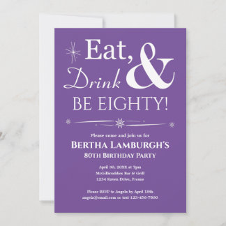 Lila Essen Drink & Be Achtzig Retro 80. Geburtstag Einladung