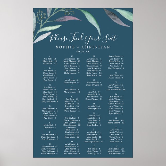 Lila Eukalyptus Blue Alphabetic Seekarte Poster (Vorne)