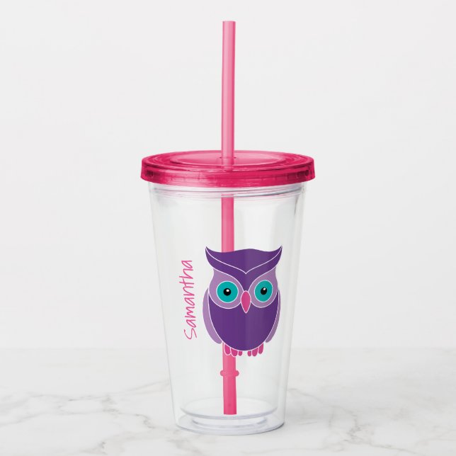Lila Eulen-Mädchen-personalisierte Tierkinder Acryltrinkbecher (Vorderseite)