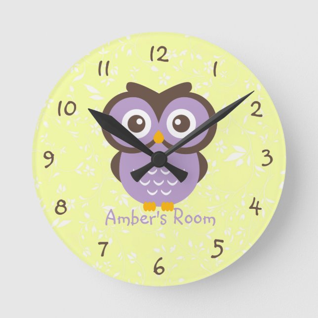 Lila Ewl Personalisiert Kids Schlafzimmer Runde Wanduhr (Vorderseite)