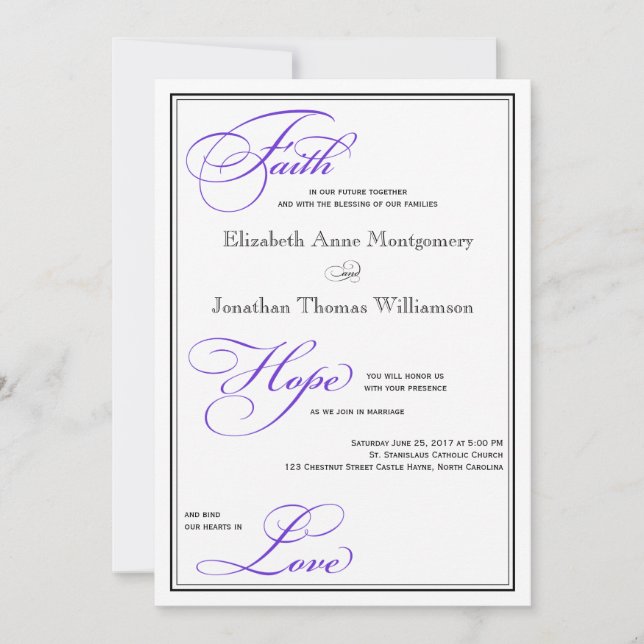 Lila Faith Hope Liebe Skript Hochzeit Einladung (Vorderseite)