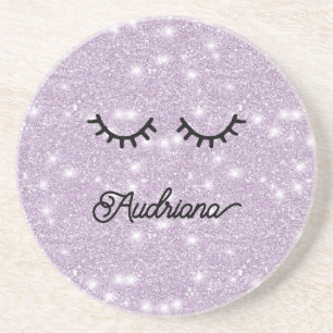 Lila falsche Glitter-Wimpern personalisierter Name Getränkeuntersetzer