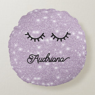 Lila falsche Glitter-Wimpern personalisierter Name Rundes Kissen