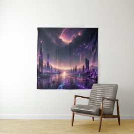 Lila Fantasy-Stadtlandschaft-Wandkunst-Dunkle Scie Wandteppich