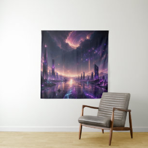 Lila Fantasy-Stadtlandschaft-Wandkunst-Dunkle Scie Wandteppich