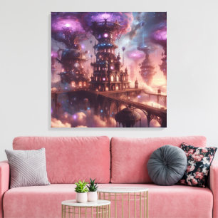 Lila Fantasy Steampunk City Leinwanddruck