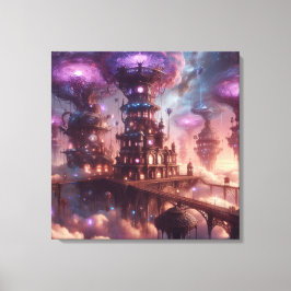Lila Fantasy Steampunk City Leinwanddruck