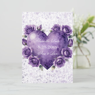 Lila-Farben-Herz-und-Rosen-Hochzeit Save The Date