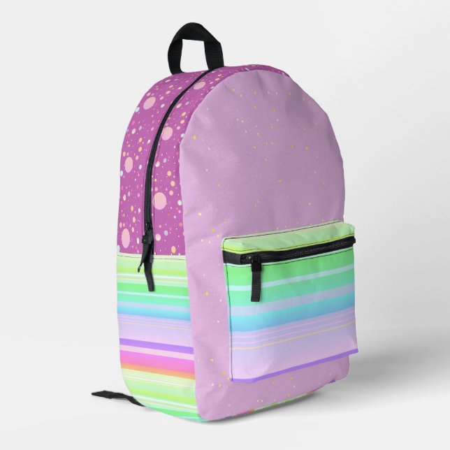 Lila, farbenfrohe niedlich bedruckter rucksack (Rückseitige Ecke links)