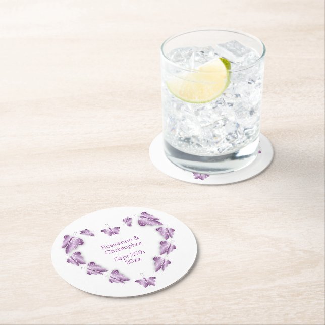 Lila farbige Butterflies-Hochzeit Runder Pappuntersetzer (Vor Ort)
