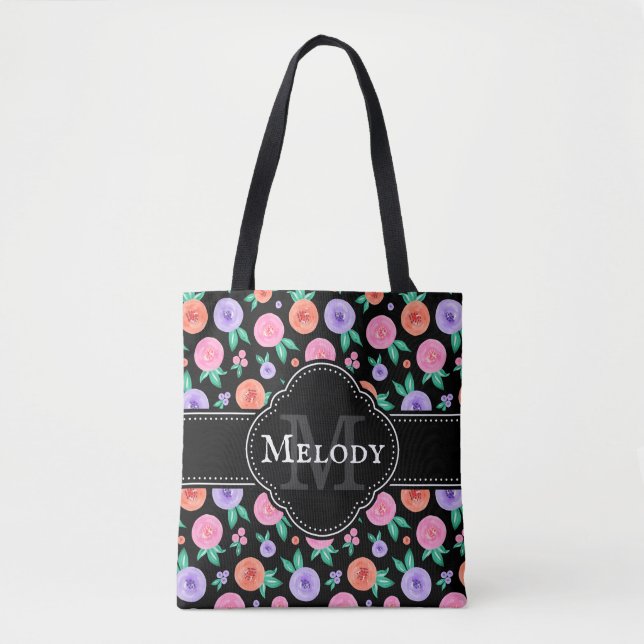 Lila Farbmuster für die Rose auf schwarz Tasche (Vorderseite)