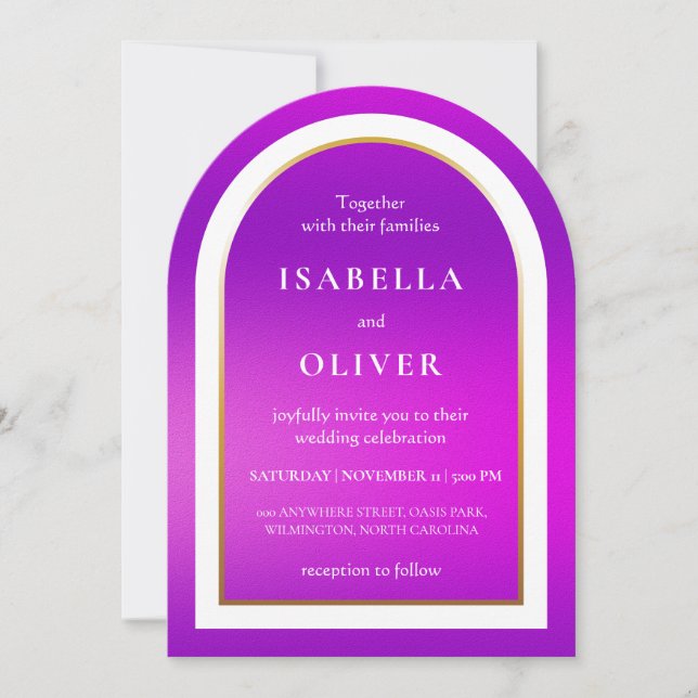 Lila Farbverlauf weißer Text Hochzeit Einladung (Vorderseite)