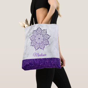Lila Faux-Glitter-Mandala auf grau-weißem Marmor Tasche
