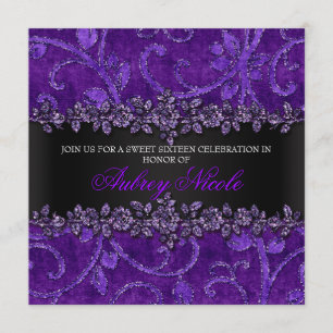 Lila Faux-Glitter- und Samt-Blumen-Sweet Sixteen Einladung