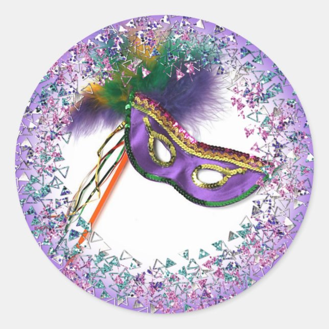 Lila Feather Mask Masquerade Party Runder Aufkleber (Vorderseite)