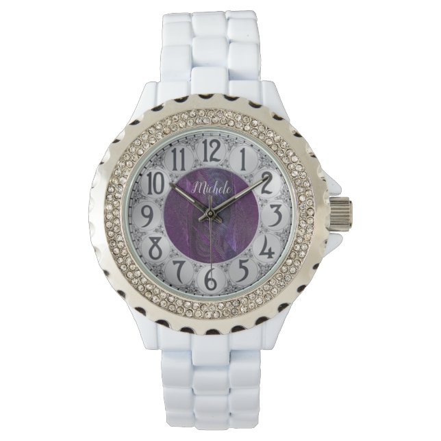 Lila Feathers Monogram Armbanduhr (Vorderseite)