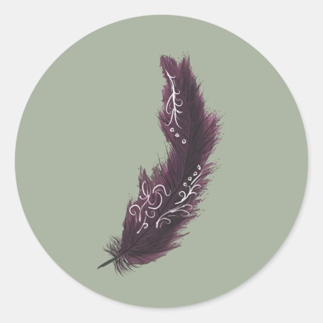 Lila Feder mit weißem Design, grüner Aufkleber (Vorderseite)