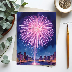 Lila Feuerwerk   Frohes neues Jahr Wasserfarbe Postkarte