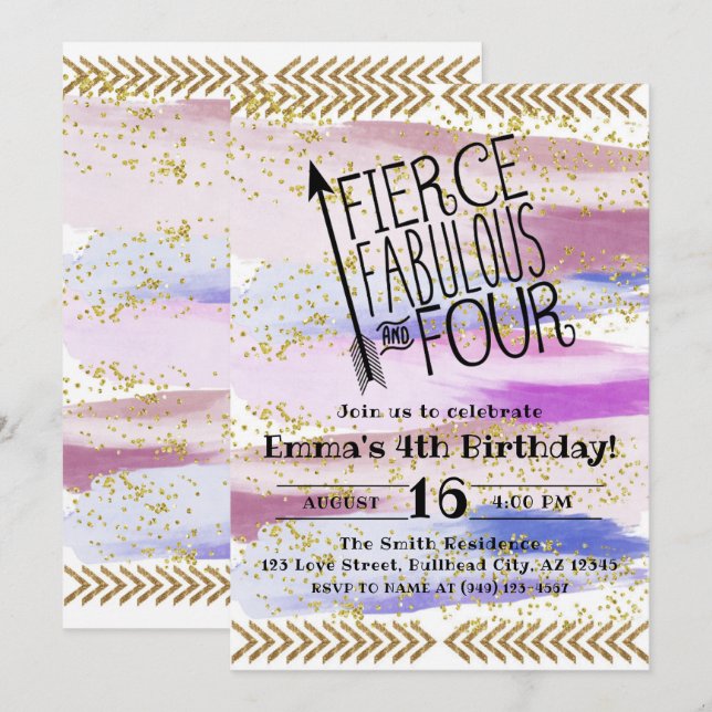 Lila Fierce Fabulous & 4. Geburtstag Einladung (Vorne/Hinten)