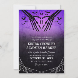 Lila Fledermäuse Skeleton Herz Goth Halloween Hoch Einladung