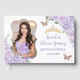 Lila Flieder Blumen Gold QUINCEAÑERA 16 Fotografie Gästebuch