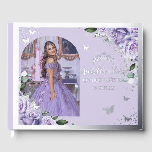 Lila Flieder Blumen Quinceañera XV 15 Silber Foto Gästebuch