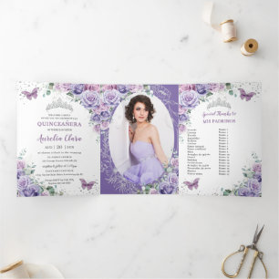 Lila Flieder Blumen Silber Quinceañera 15 Fotos Dreifach Gefaltete Einladung