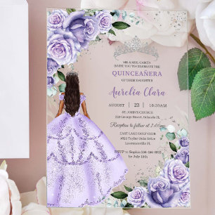 Lila Flieder Blumen Silber Quinceañera XV Süße 16 Acryleinladungen
