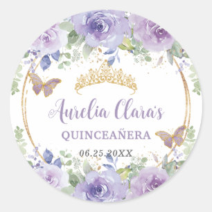 Lila Flieder Floral Quinceañera-Krone Schmetterlin Runder Aufkleber