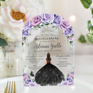 Lila Flieder Floral Schwarzes Kleid Silber Quincea Acryleinladungen