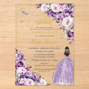 Lila Flieder-Rosafarbenes Blumenkleid Quinceanera Acryleinladungen