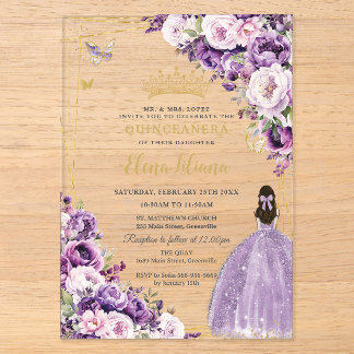 Lila Flieder-Rosafarbenes Blumenkleid Quinceanera Acryleinladungen
