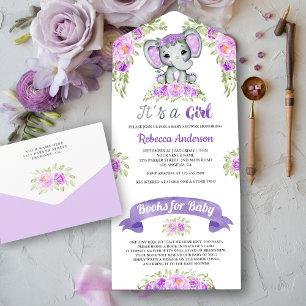 Lila Floral Aquarell Elefant Baby Shower All In One Einladung