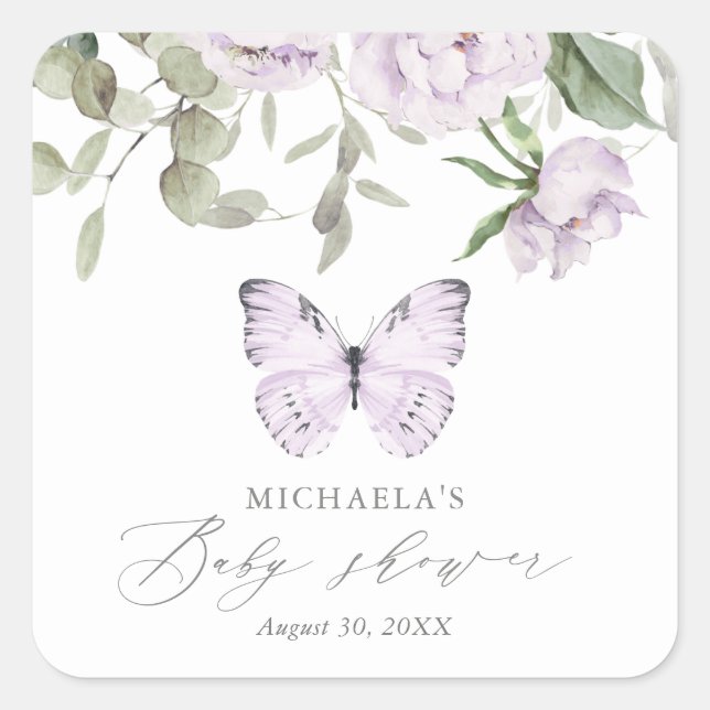 Lila Floral Butterfly Girl Babydusche Quadratischer Aufkleber (Vorderseite)