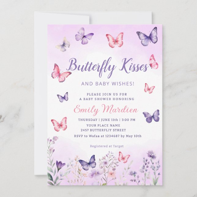 Lila Floral Butterfly Kisses Girl Babydusche Einladung (Vorderseite)