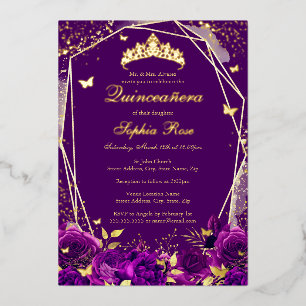 Lila Floral Butterfly Tiara Quinceanera Folieneinladung