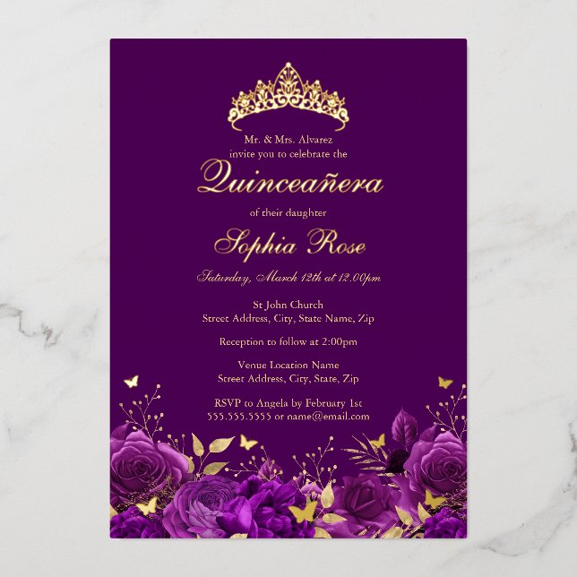 Lila Floral Butterfly Tiara Quinceanera Folieneinladung (Vorderseite)