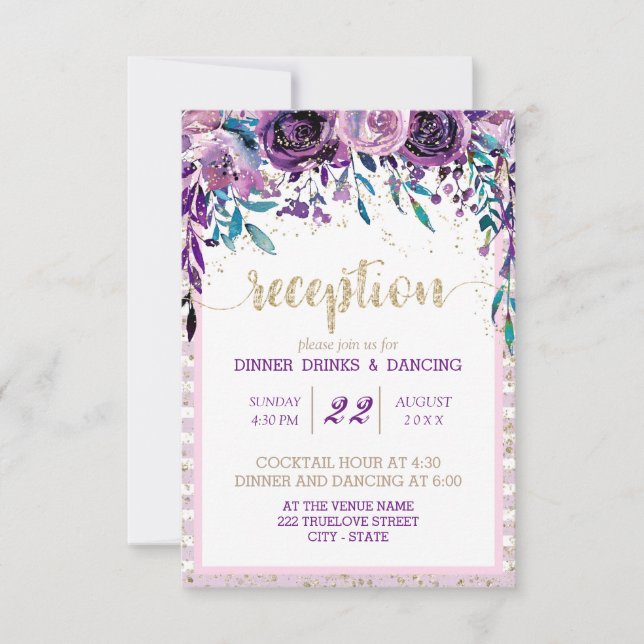 Lila Floral Champagne Gold Hochzeitsempfang Einladung (Vorderseite)