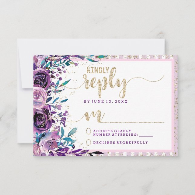 Lila Floral Champagne Gold Wedding Reply UAWG RSVP Karte (Vorderseite)