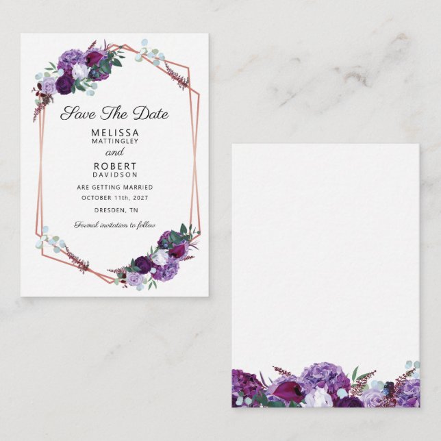 Lila Floral Elegant Save the Date geometrisch Mitteilungskarte (Vorne/Hinten)