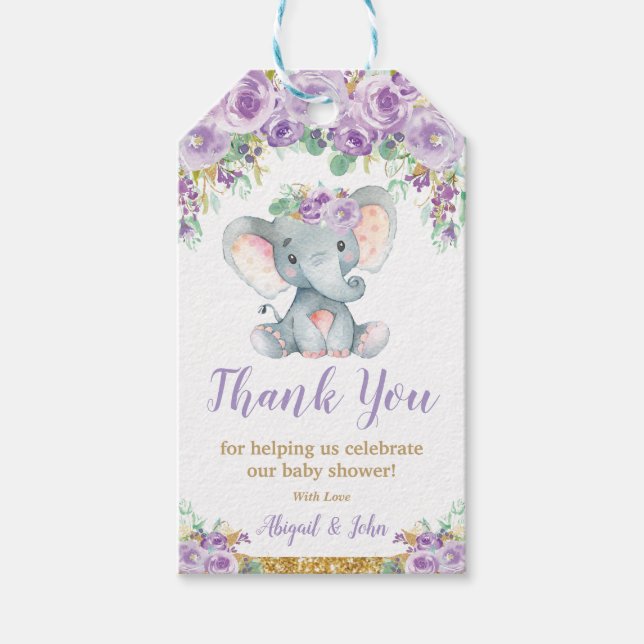 Lila Floral Elephant Baby Dusche Vielen Dank Geschenkanhänger (Vorderseite)
