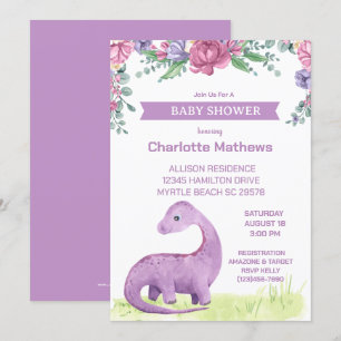 Lila Floral Girls Dinosaur Babydusche Einladung