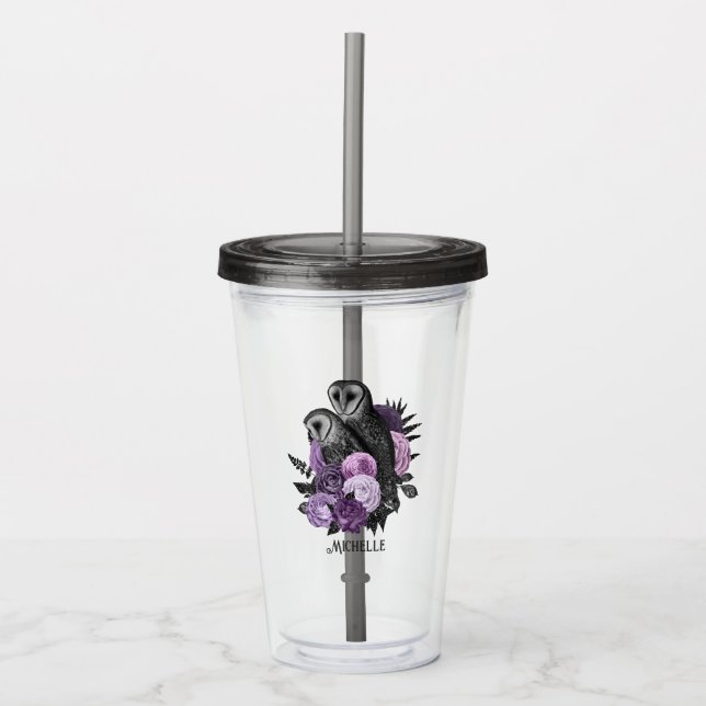 Lila Floral Glam Gothic Owls Acryltrinkbecher (Vorderseite)