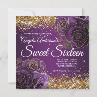 Lila Floral Gold Glitzer Glam 16 . Geburtstag Einladung