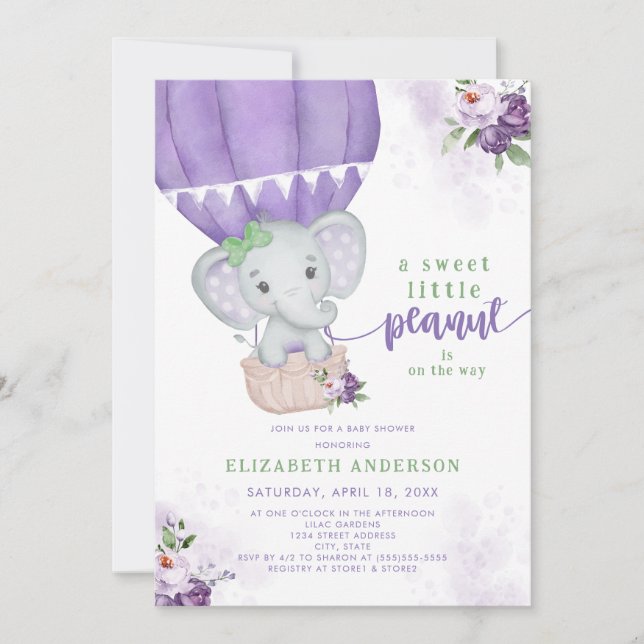 Lila Floral Hot Air Ballon Elephant Babydusche Einladung (Vorderseite)