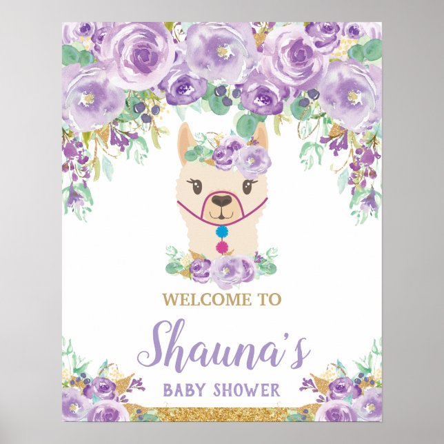 Lila Floral Llama Baby Duschmädchen Begrüßungszeic Poster (Vorne)